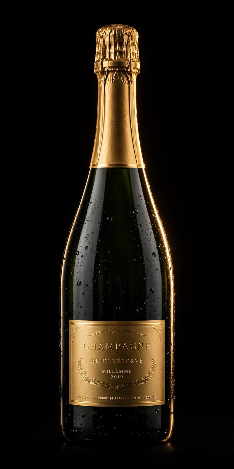 A champagne bottle with a gold foil neck standing on crushed gold